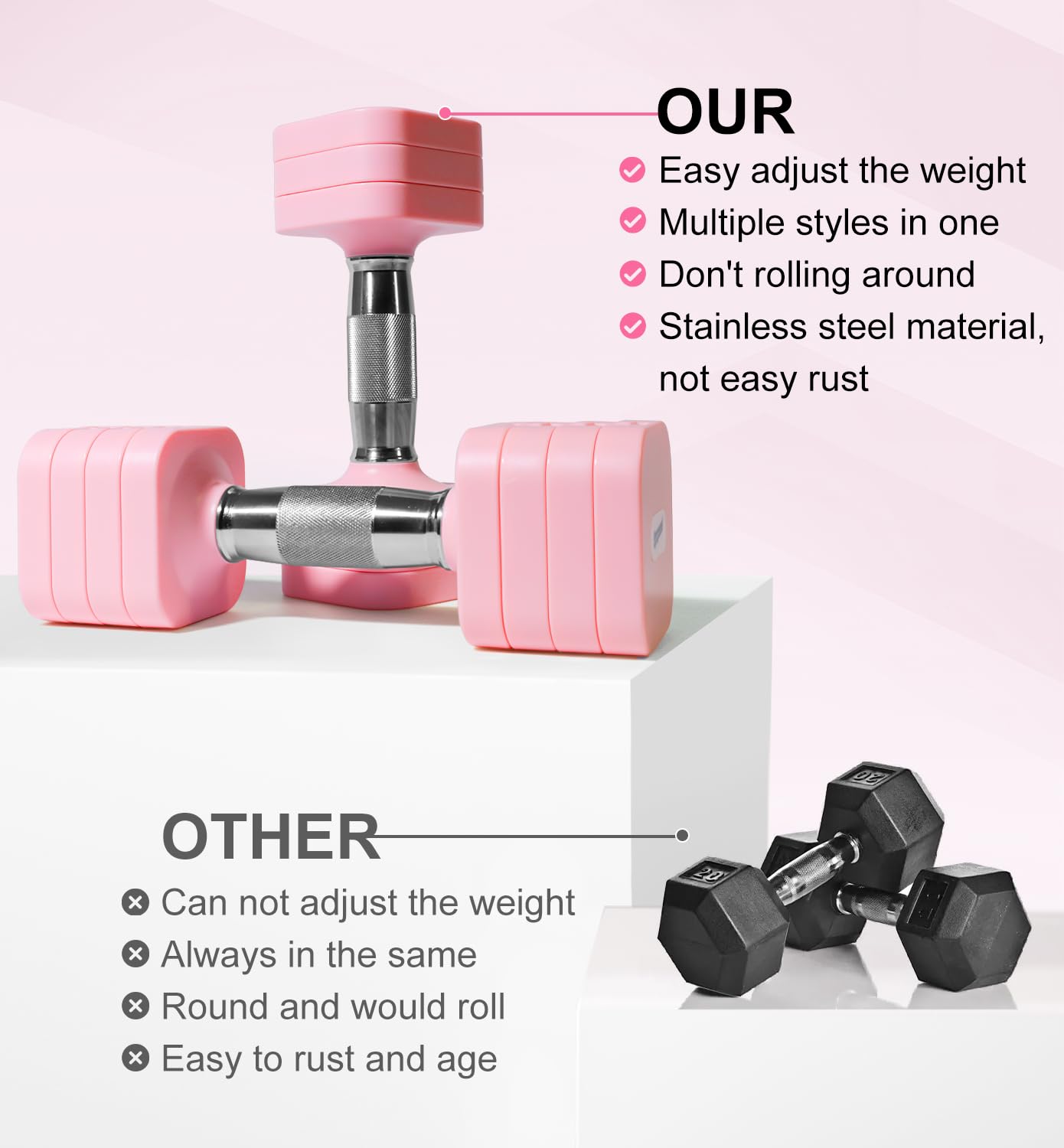 20LBS Adjustable Dumbbell Set for Women Men, 4 in 1 Free Weights Dumbbells Set Hand Weights Set Adjust Dumbbell Weight Set for Home Gym Exercise Workout Strength Training Equipments, Pink