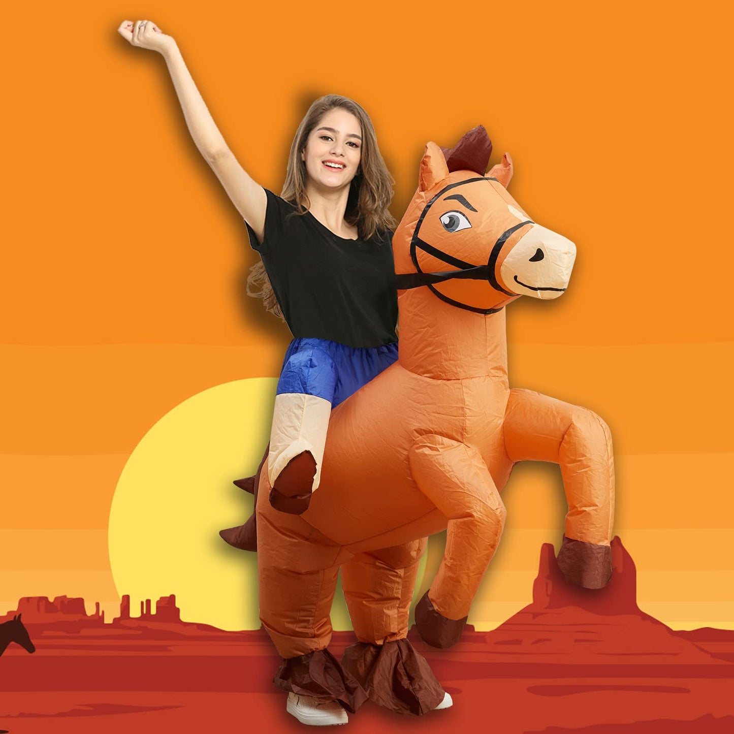 Inflatable Costume Adult Ride On Horse Costumes Cowboy Air Blow Up Funny Riding Horse Suit for Men Women Halloween