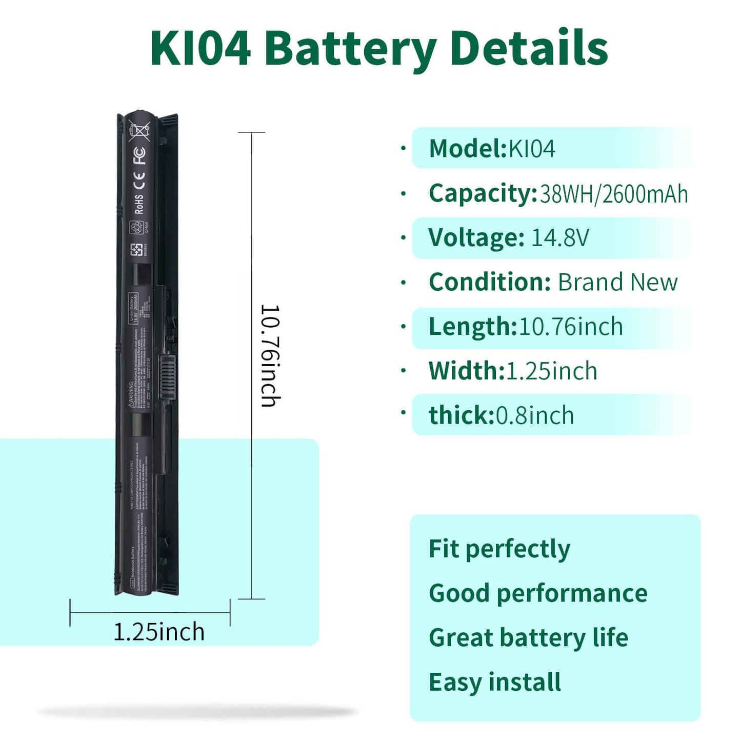 800049-001 KI04 Notebook Battery for HP Pavilion 15-ab 15-an 17-g 15t-ab100 17t-g100 17t-s100 cto Series 15-ab143cl 15-ab223cl 15-ab153nr 15-an044nr 14-ab166us 17-ab220nr 17-g133cl 800009-421 TPN-Q158