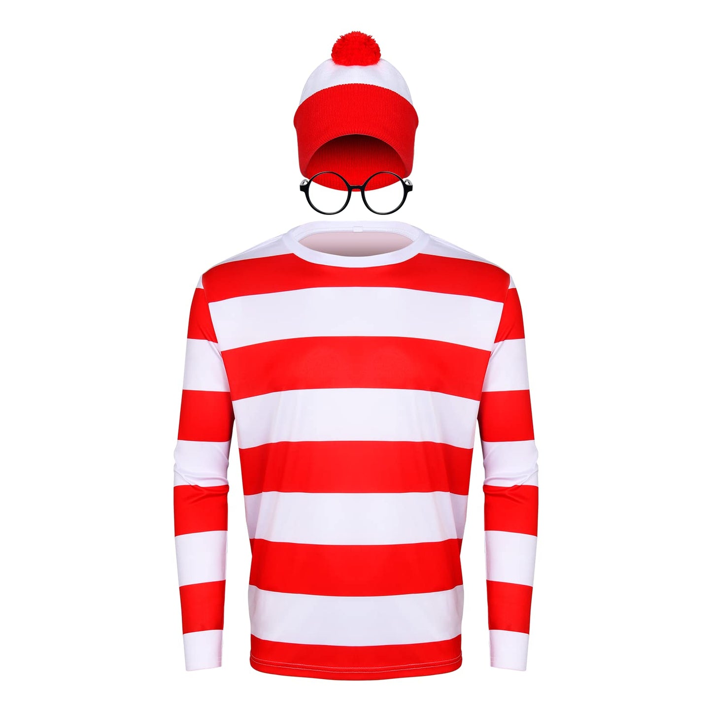 Adult Men Halloween Red and White Striped Long Sleeve Tee Shirt Glasses Hat Outfit Suit Set Funny Cosplay Sweatshirt Costume (XX-Large)