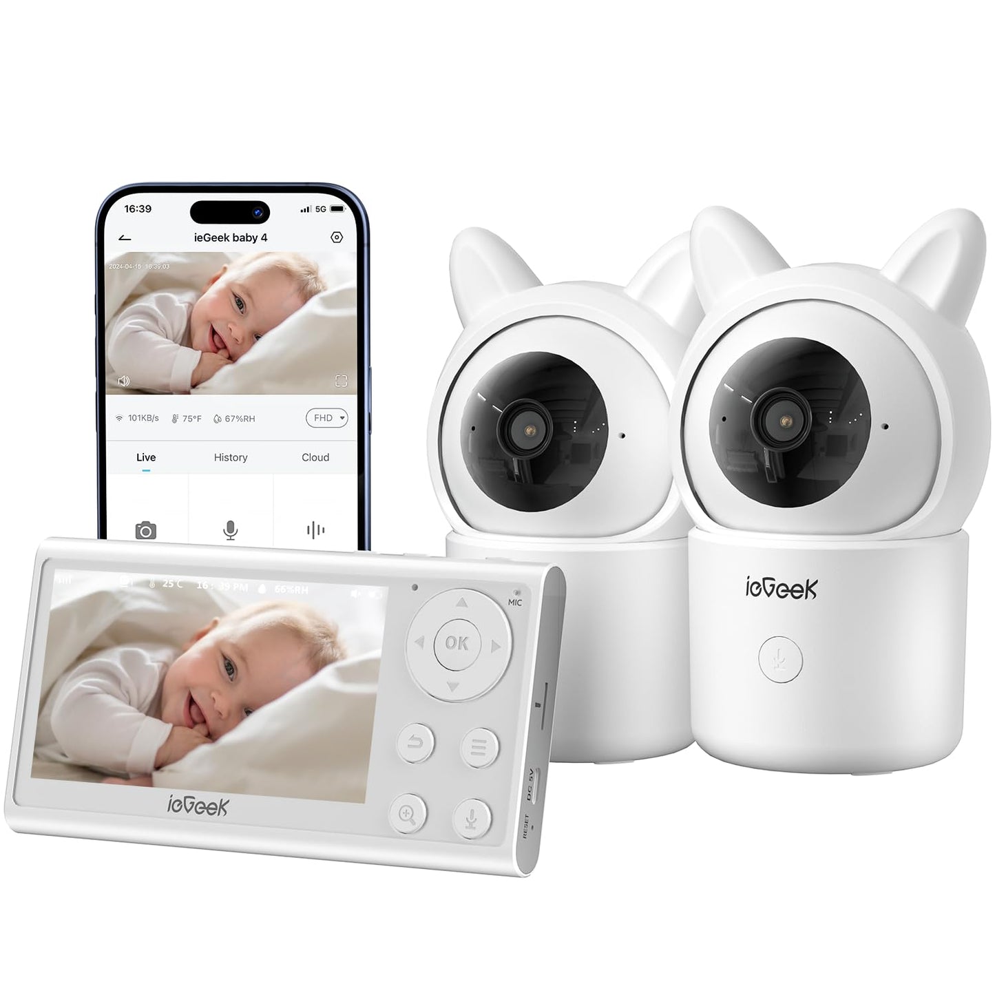 ieGeek Baby Monitor with 2 Cameras, Split-Screen Video Baby Monitor with Audio and 1080P Camera 4.3" Screen - Night Vision, Two-Way Talk, Cry & Motion Detection, Pan-Tilt-Zoom via Screen and Free APP