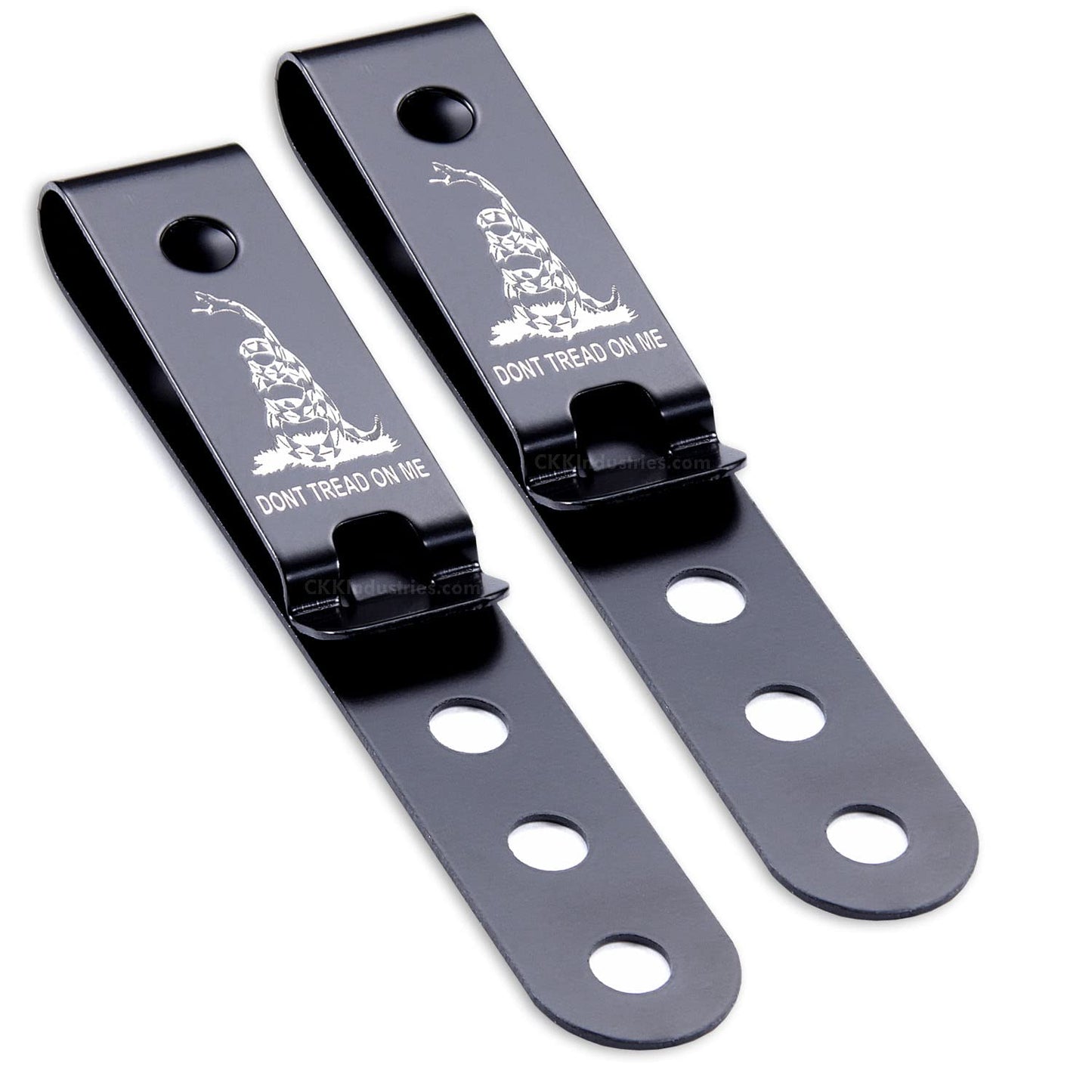 HolsterSmith Universal Metal Belt Clip for Holster Making - (Model 5) - (3-Hole) - (Tactical Black) - (w/Don’t Tread On Me Engraving) - (2 Pack)
