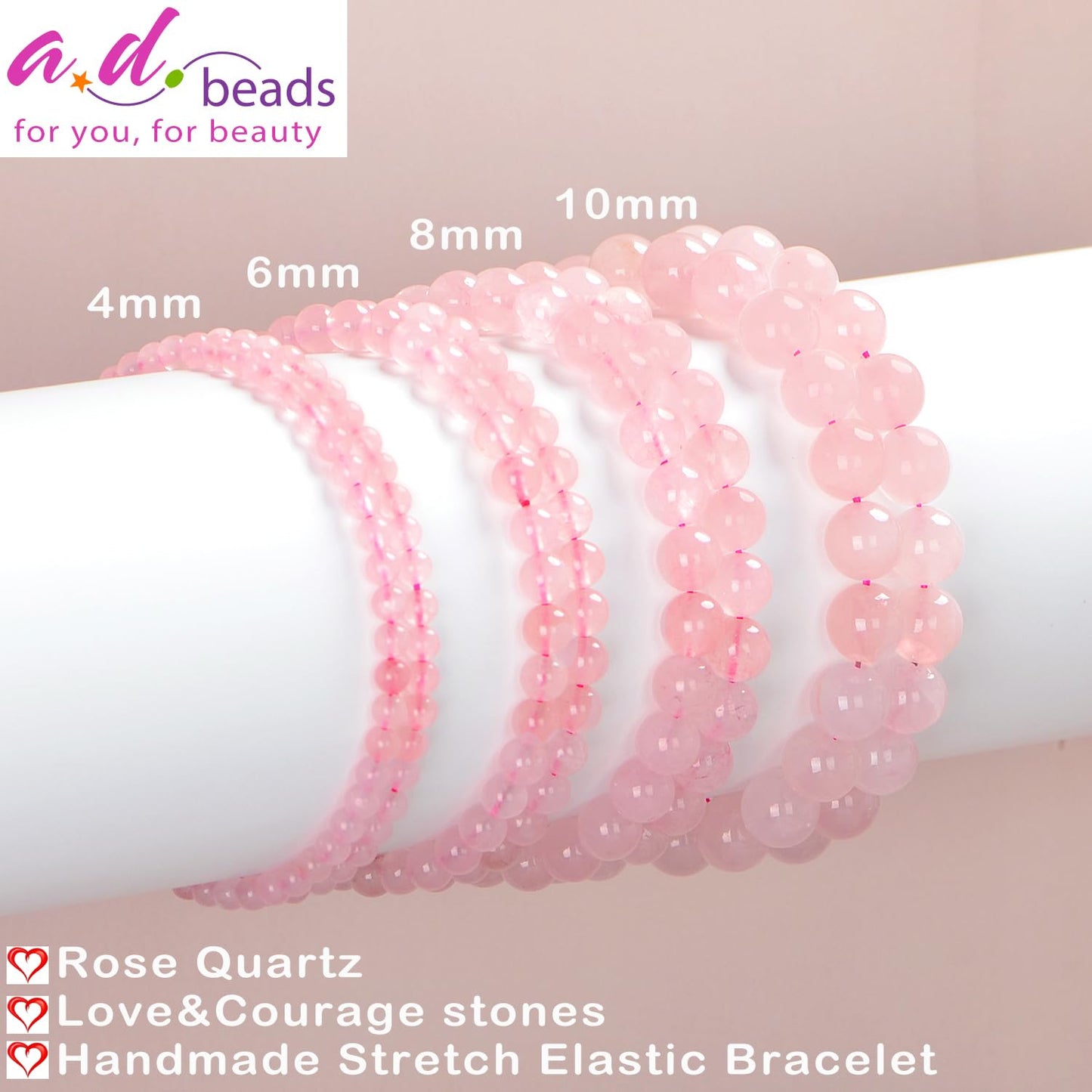 AD Beads Handmade Gemstone Stretch Elastic Bracelet Crystal Healing Reiki Nature's Beauty and Spiritual Essence Unisex (4mm, Rose Quartz)
