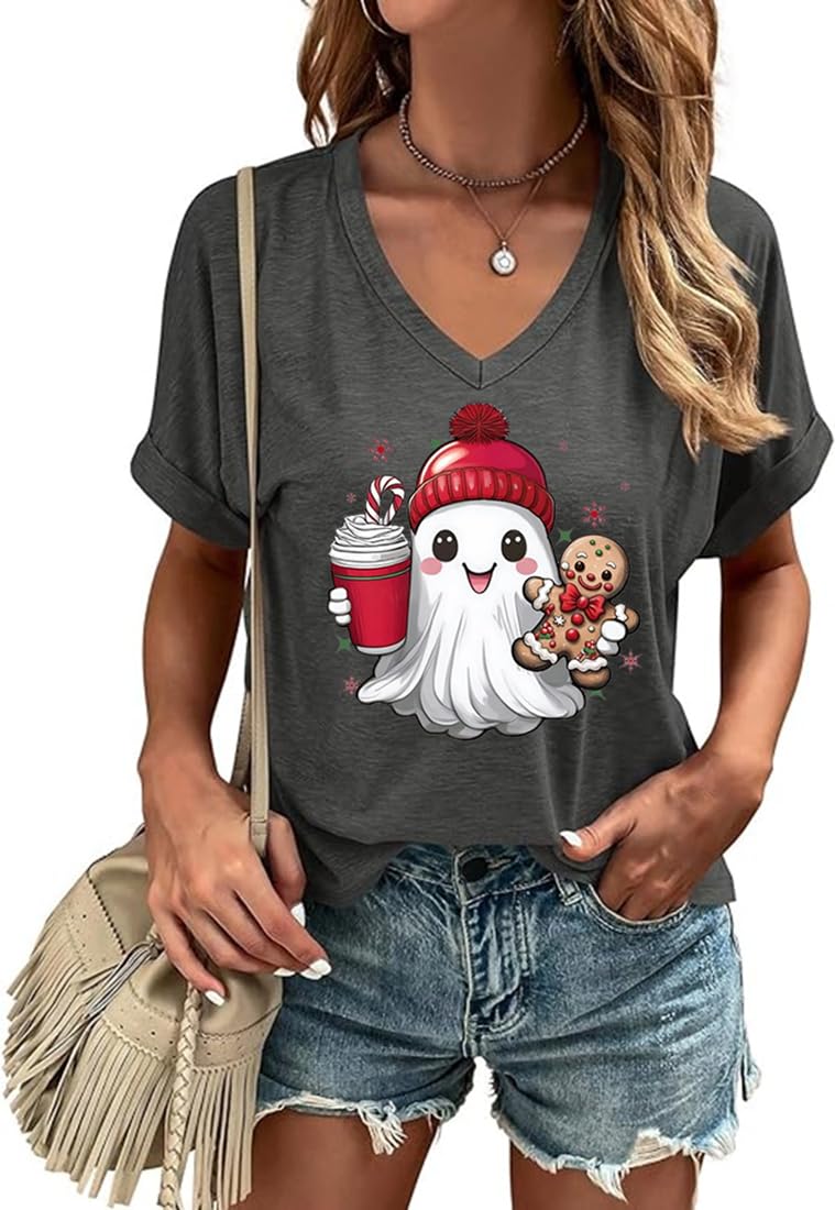 Women's Christmas Ghost V Neck Shirt Funny Xmas Iced Coffee Graphic Tee Holiday Retro Christmas T-Shirt(L,Grey-Ghost)