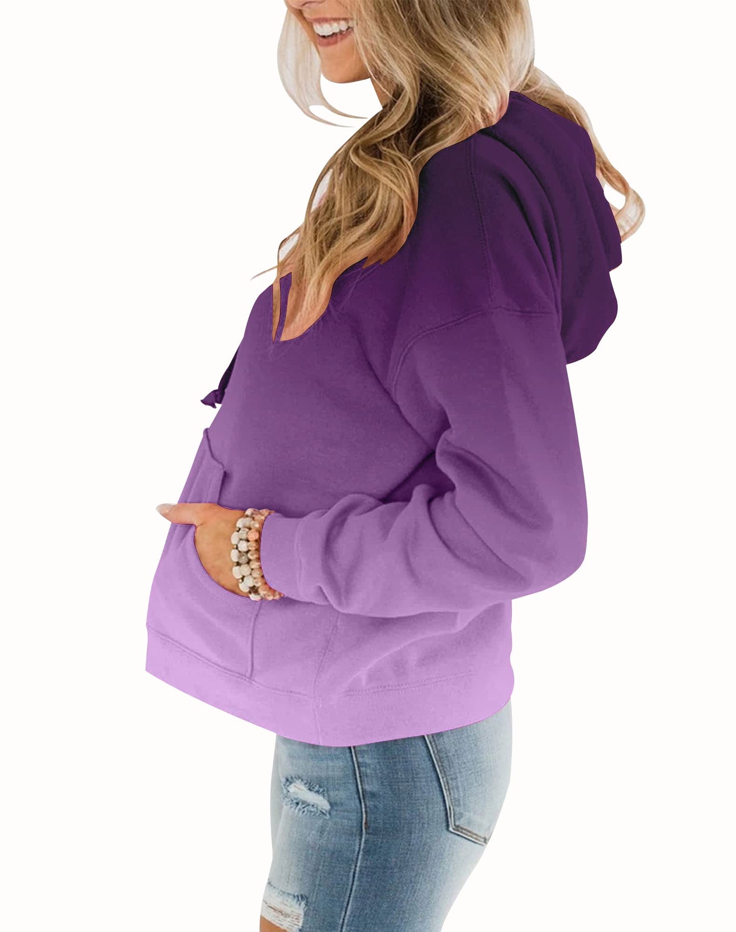 Women's Casual Hoodies Round Neck Long Sleeve Sweatshirts With Pocket Lightweight Pullover Tops-Gradient-XL