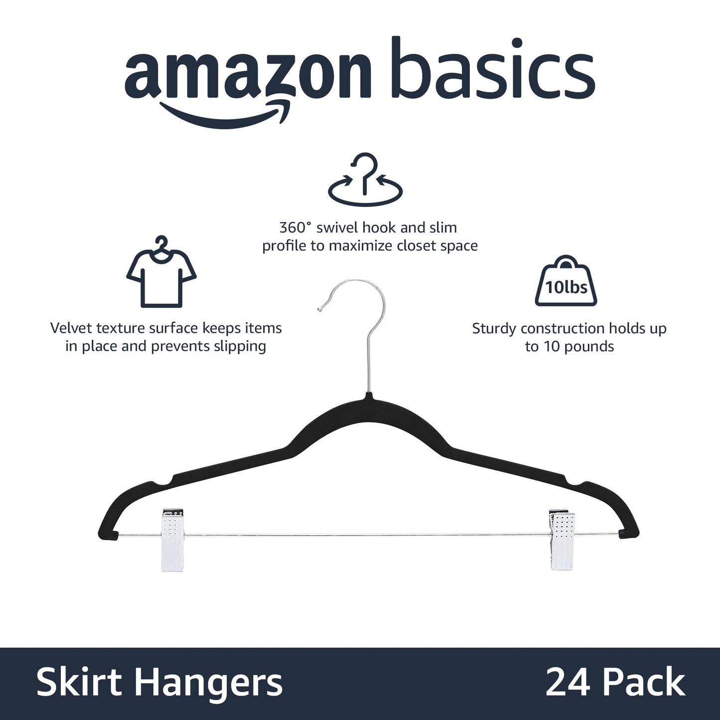 Amazon Basics Velvet, Non-Slip Skirt Clothes Hangers with Clips, Organize Pants and Skirts, Black/Silver, Pack of 24