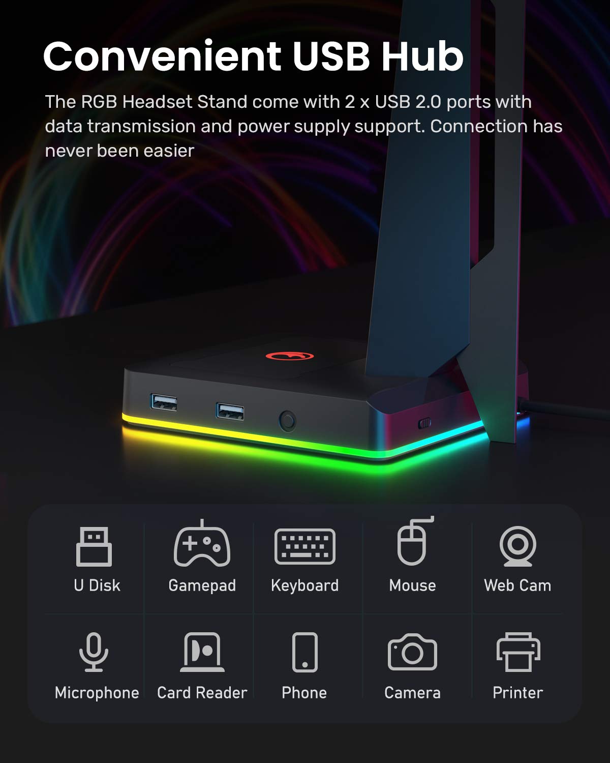 IFYOO RGB Gaming Headset Stand with 2 USB Ports, Game Headphone Mount for PC, Xbox One, PS4, Switch, Earphone Holder Hanger, Great for Gaming Stations, Fancy Desk Gamer Accessories, Black