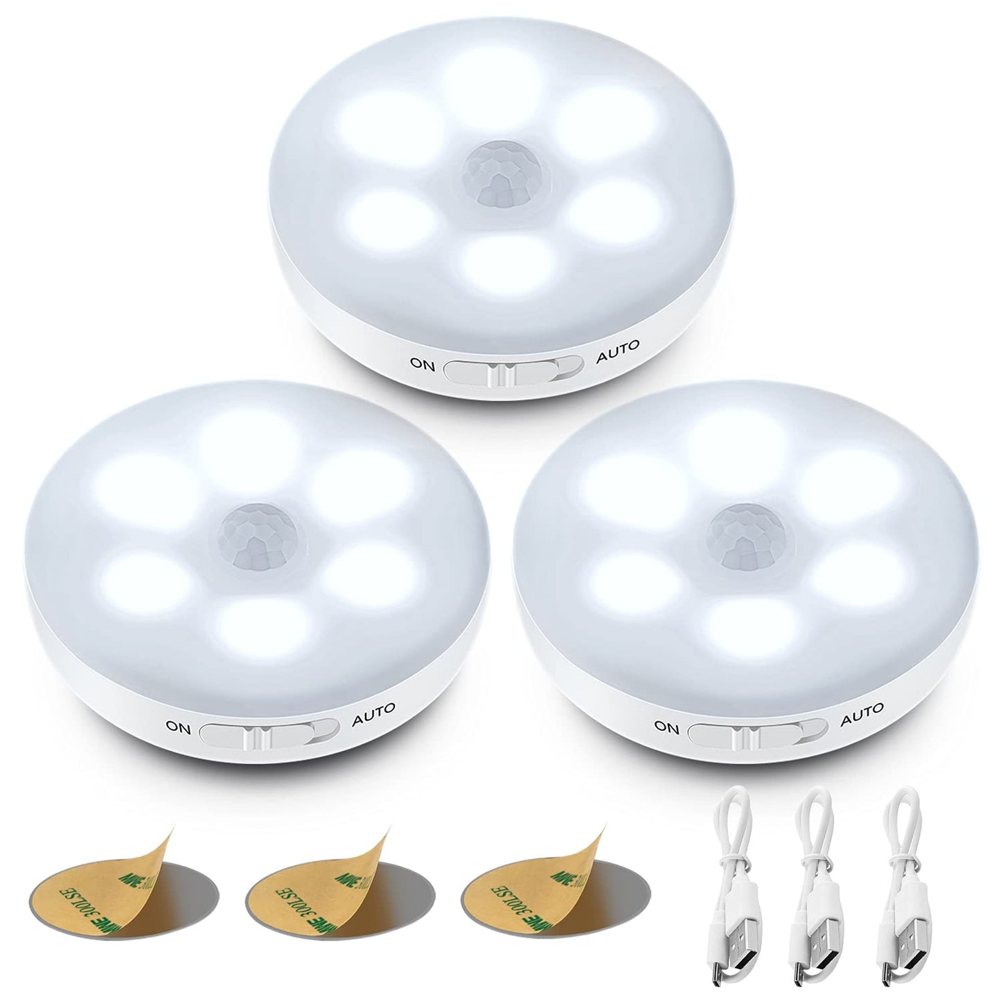 ICEKO Night Light with Motion Sensor, Lamp with Motion Sensor Indoor, USB Battery Rechargeable, 6 LED Motion Sensor for Cabinet, Hallway, Bedroom, Children's Room (White, 3 Pieces)