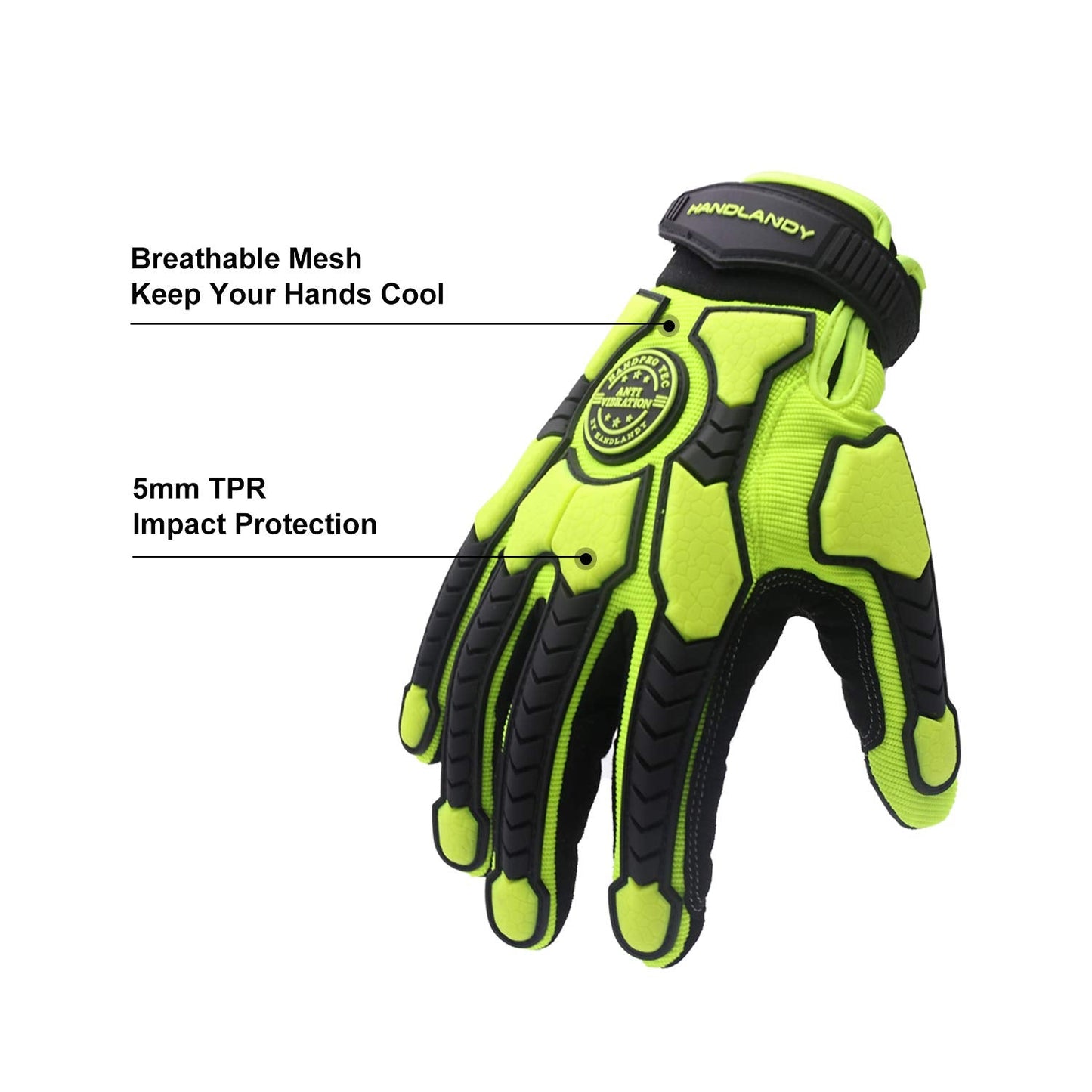 HLDD HANDLANDY Heavy Duty Work Gloves, SBR Padding, TPR Protector Impact Gloves, Men Anti Vibration Mechanic Work Gloves TouchScreen (L, Green)