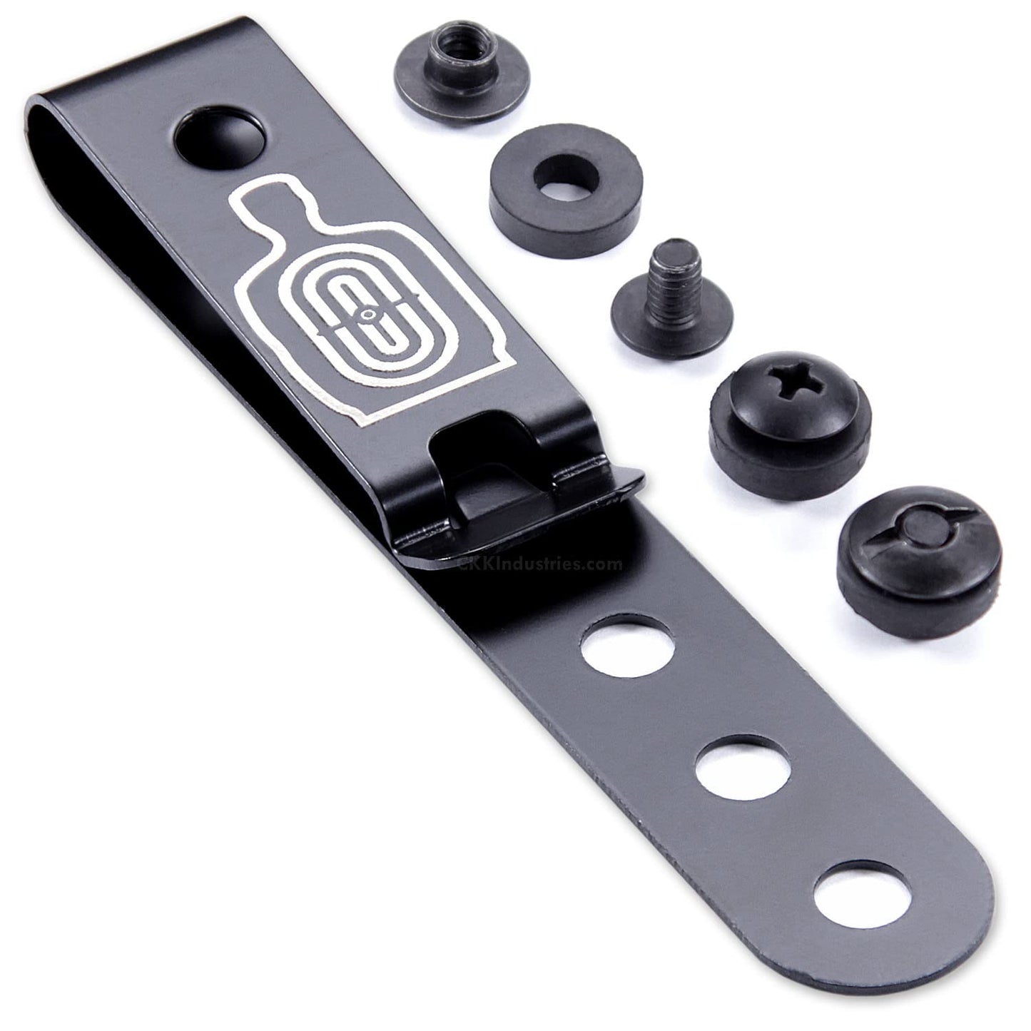 HolsterSmith Universal Metal Belt Clip for Holster Making - (Model 5) - (3-Hole) - (Tactical Black) - (w/Silhouette Target Engraving) - (w/Mounting Hardware) - (1 Pack)