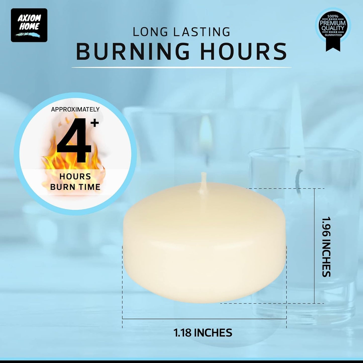 Axiom Floating Candles for Centerpieces - 2 inch Hand-Rolled Paraffin, Cotton Wicks, 4-Hour Clean Burn - Unscented, Dripless Water Candles for Wedding