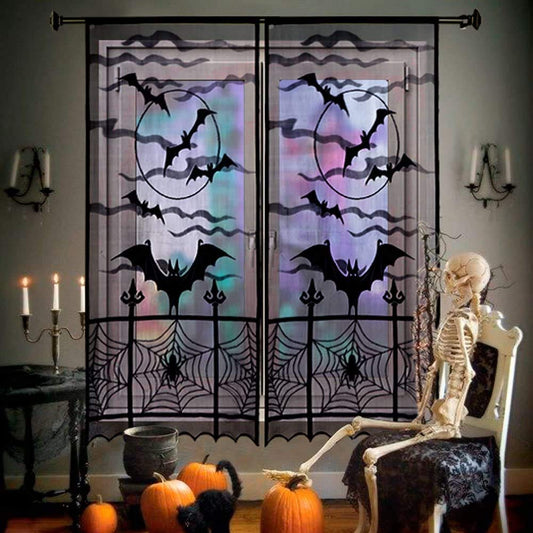 AerWo Halloween Curtains, 2PCS Spider Web Bats Curtains, Black Lace Door Curtain Panel Decor for Halloween Window Decorations, 40 x 84 Inch