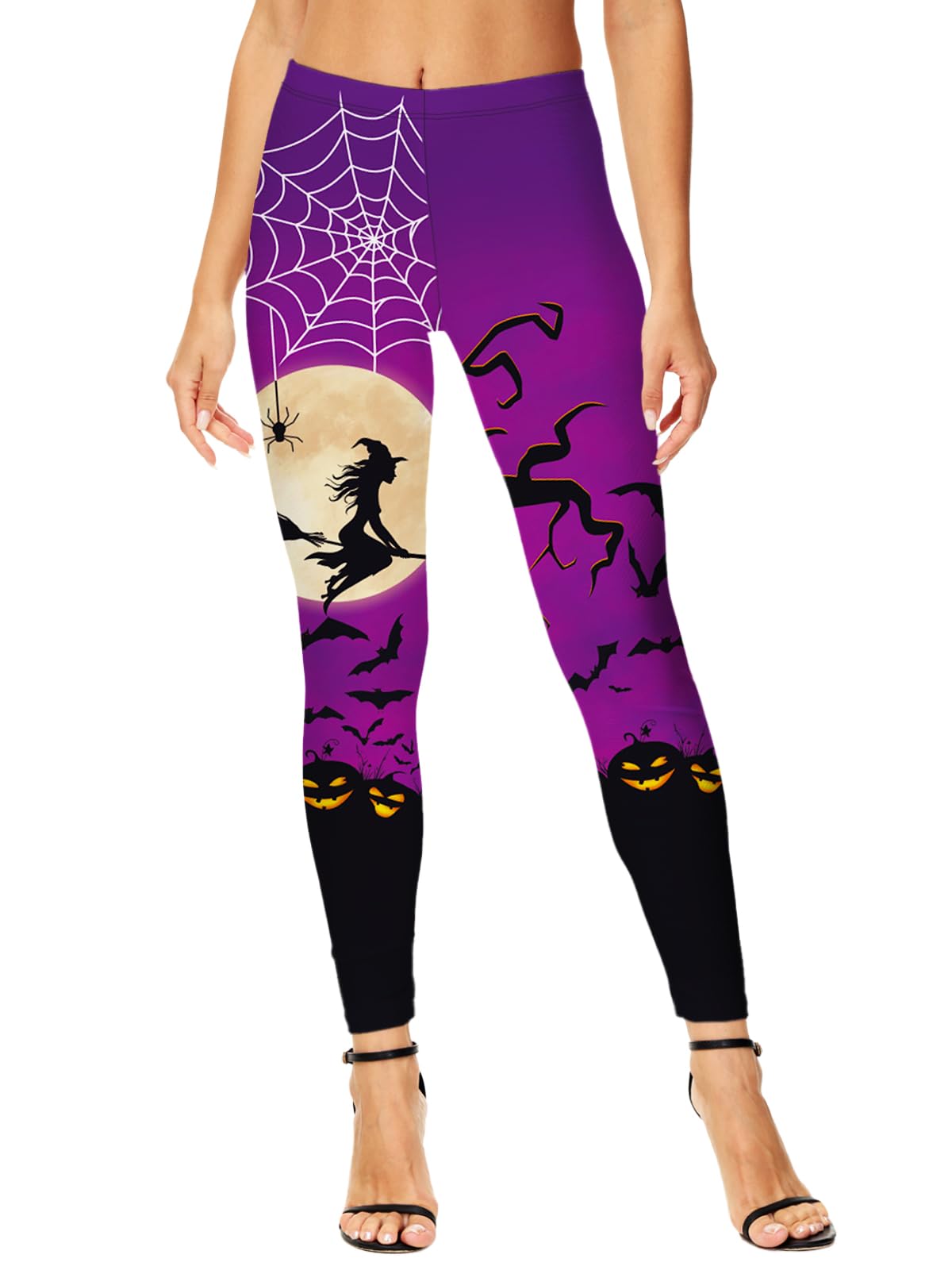 Women Halloween Leggings Scary 3D Printed Witch Purple High Waist Stretchy Tight Pants L