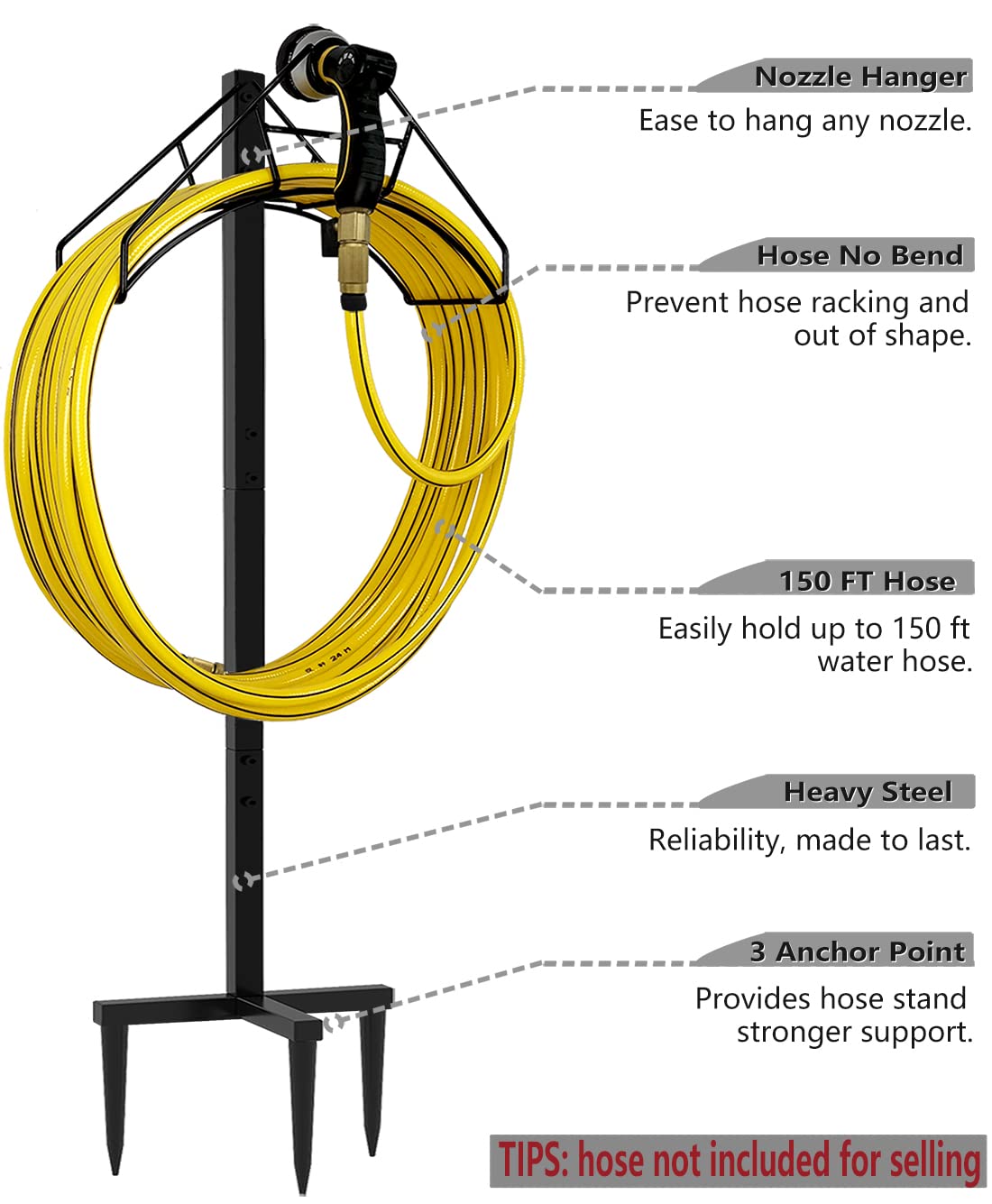 Artigarden Freestanding Garden Hose Holder Hanger, Heavy Duty Metal Water Hose Reel Storage Stand Rack for Yard Lawn, Bright Black (Hose not Included)