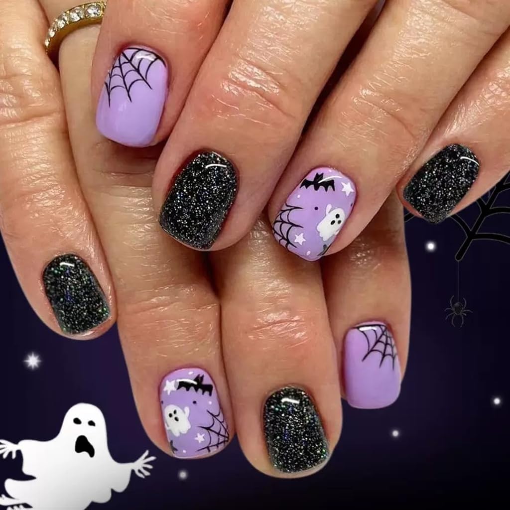 6 Packs (144 Pcs) Halloween Press on Nails Short Square, Almond Press on Nails, with Pumpkins Ghost Spider Web Design Stick on Fake Nails for Women - 12 Sizes, 6Styles