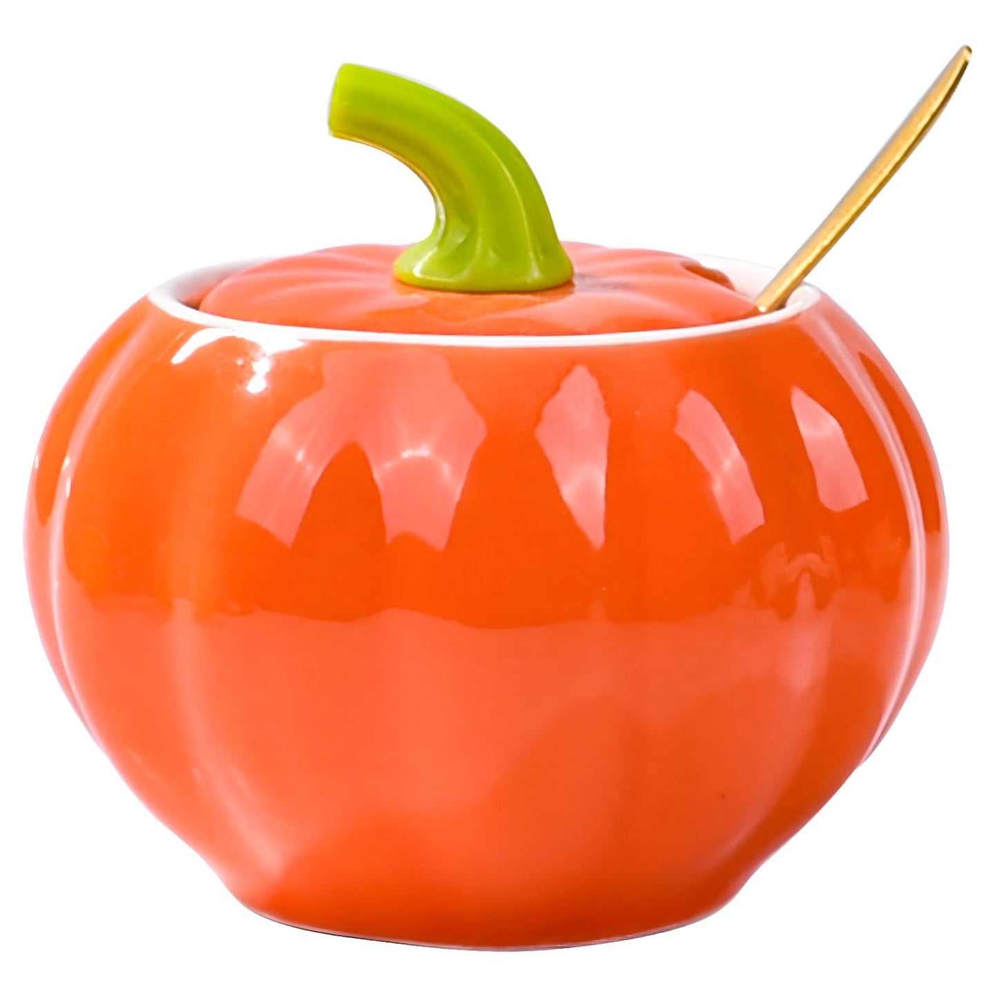 Whitenesser Porcelain Sugar Bowls with Lid and Spoons, Pumpkin Shape Ceramic Salt Bowl for Home and Kitchen Elegant Design Orange 10.5 OZ (300 ML)