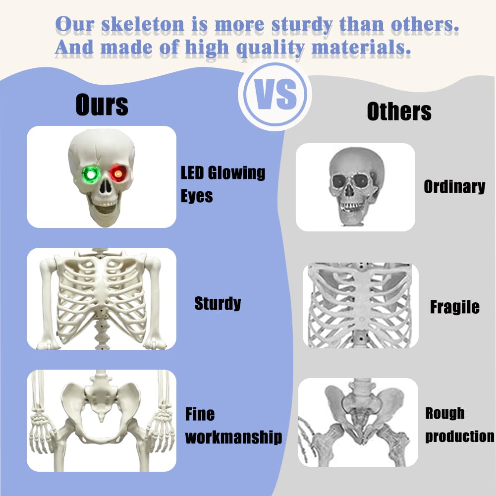 WODMAZ 5.4Ft Halloween Skeleton, Full Size Posable Skeleton with Glowing Eyes Creepy Sound, Full Body Life Size Skeleton and 2 Arm Stakes for Halloween Indoor Outdoor Haunted House Decorations