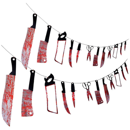 24PCS Halloween Bloody Weapons Garland, Scary Props Banner Garland Hanging Decor Horror Tools for Yard Indoor Outdoor Haunted House Vampire Zombie Party Supplies