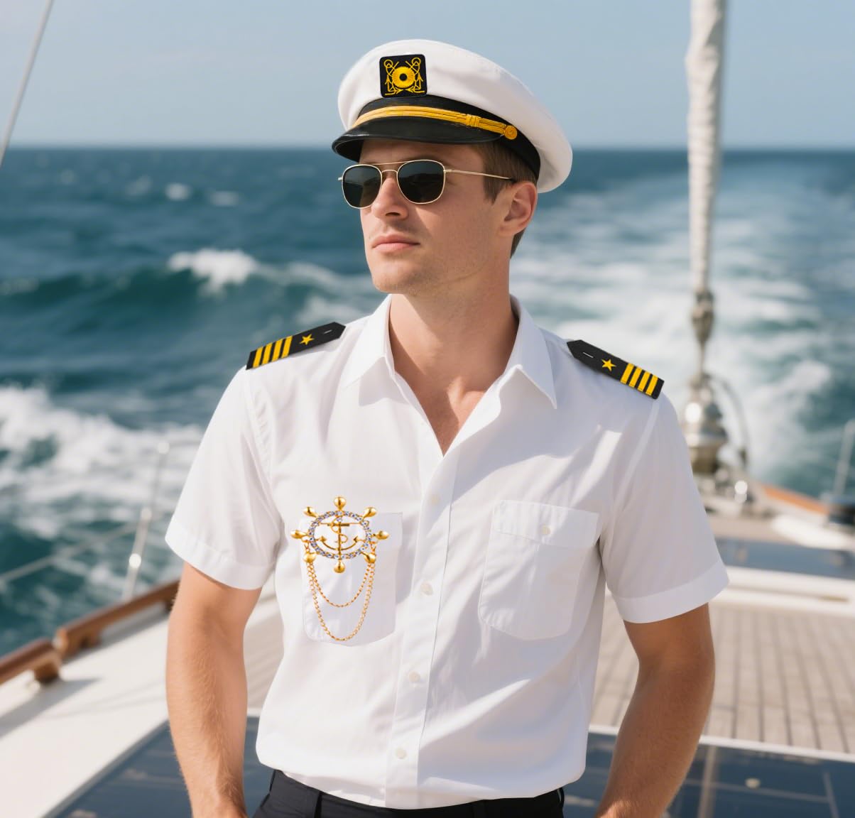 6PCS Men's Yacht Captain Sailor Costume Adult Shirt Hat Accessories Set Party Cosplay X-Small White