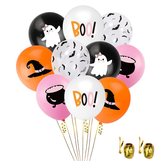 50Pcs Halloween Balloons Decor Girls Halloween Pink Orange Black White Latex Balloon with Ghost Witch Cauldron Bat Printed for Halloween Baby Shower Happy Boo Day Spooky One Two Spooky Party Supplies
