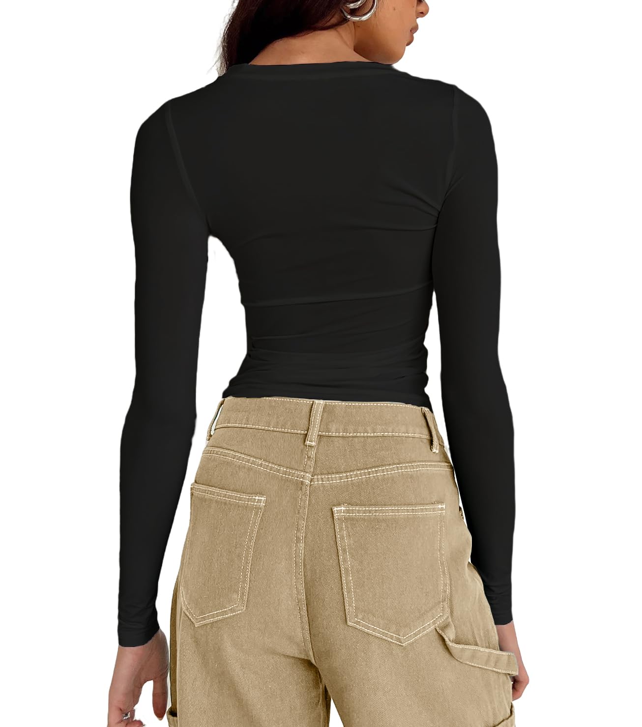 Abardsion Women's Long Sleeve Shirts Spring 2025 Casual Basic Going Out Crop Tops Slim Fit Tight Y2K Clothes(Black, S)