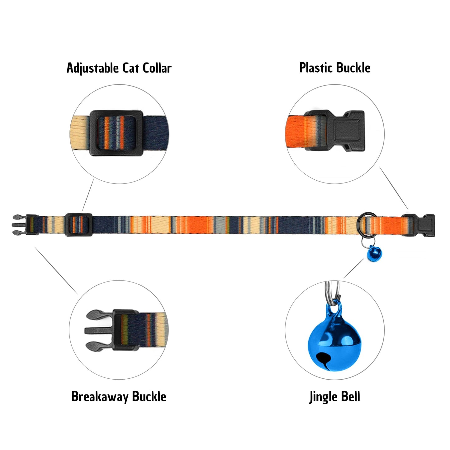 4PCS Breakaway Cat Collars with Bell, Cute Kitty Adjustable Safe Kitten Collars, 4-Pack, Nylon Pet Collars Tribal Striped Aztec Print (Striped)