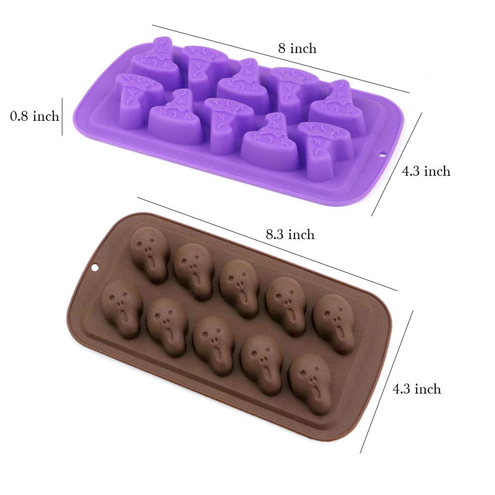 4Pcs/Set Halloween Chocolate Candy Molds - Bat, Pumpkin, Witch Hat, Ghost, Skull Silicone Jello Fat Bomb Molds - Mini Soap, Wax, Crayon Melt Mould, Ice Cube Trays - Halloween Party Favor Supplies