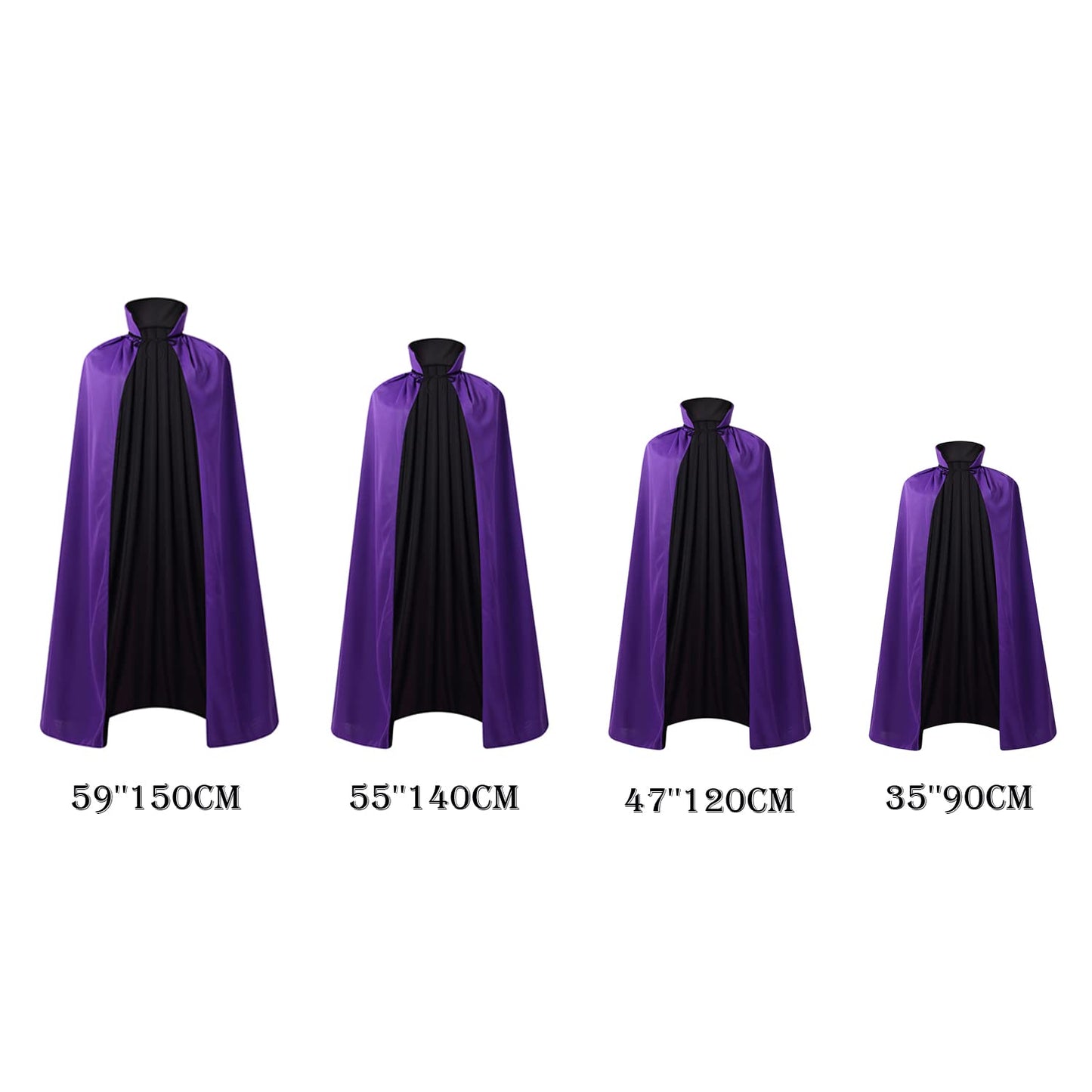 55" Stand Collar Reversible Cloak Masquerade Cape Costume, Black and Purple (55"/140cm, Black and Purple)