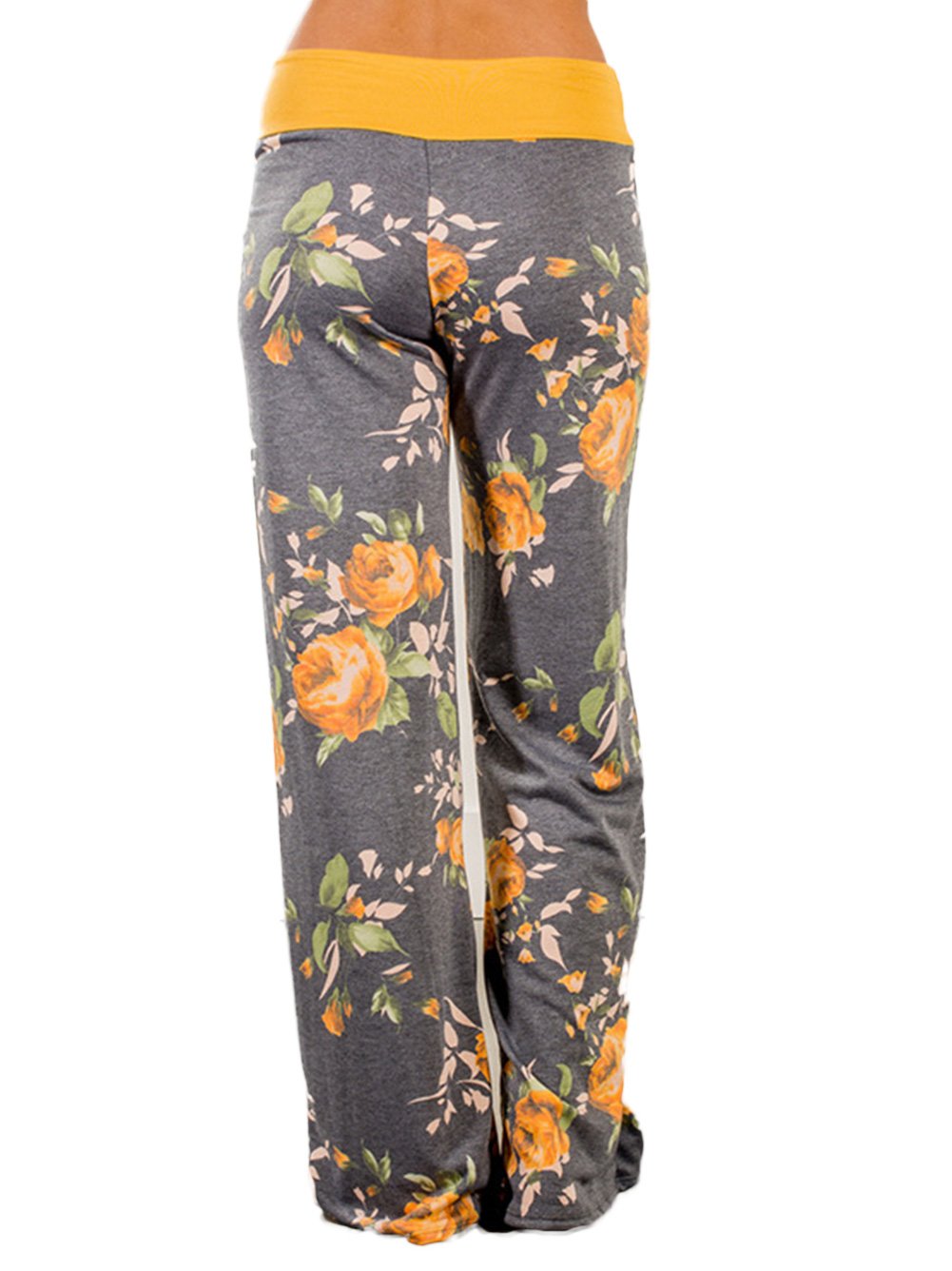 iChunhua Women's Comfy Stretch Floral Print Drawstring Palazzo Wide Leg Lounge Pants(XL,Yellow)