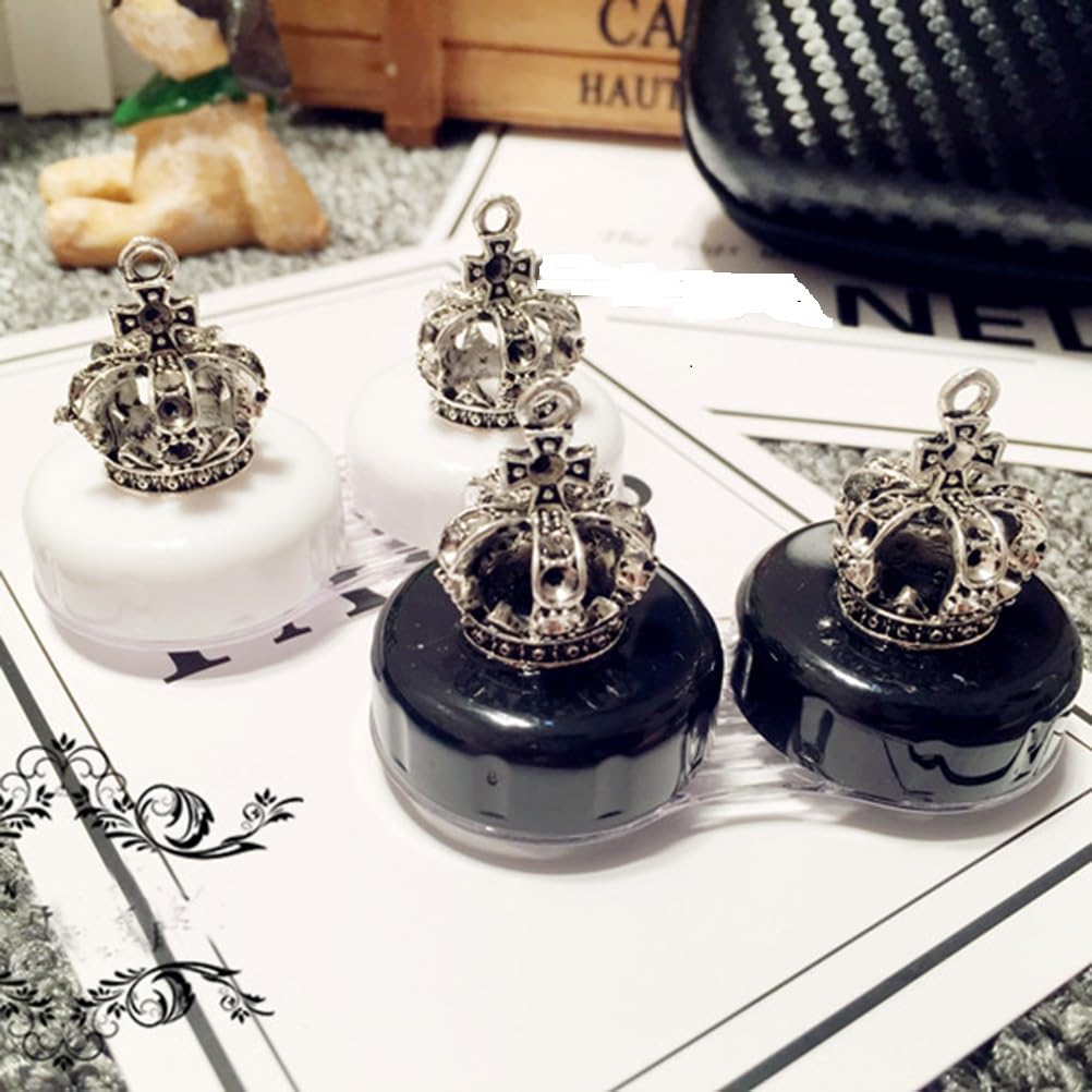 HUNWEY 2 pack- Fashion Contact Lens Case Cute Crown Black White Leak Proof - Portable Box Kit with Mirror (2 pack - Crown)