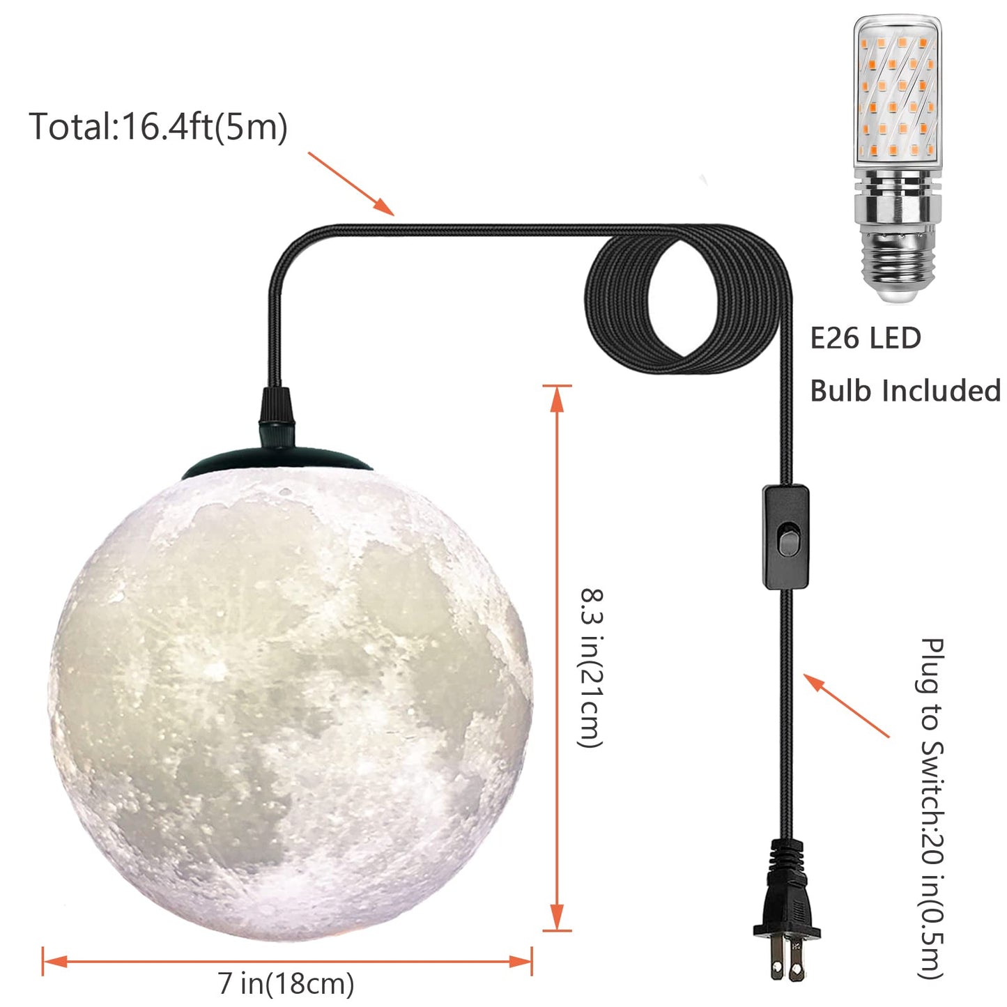 HFUGUD Plug in Pendant Lighting with Cord,Hanging Lamps That Plug Into Wall Outlet White,16.4Ft Hanging Light Cord with Switch,3D Paint Hanging Moon Light for Kids Room(Bulb Included)