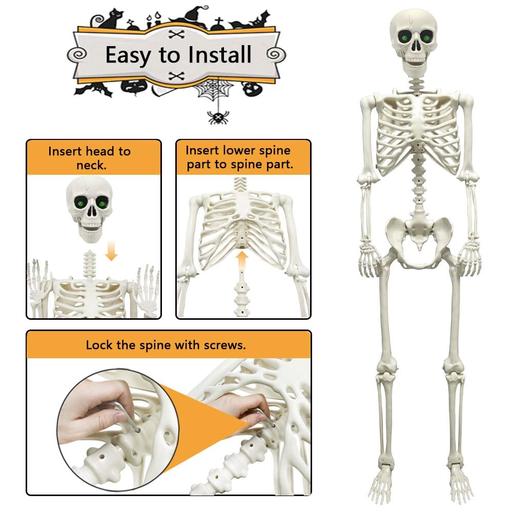 WODMAZ 5.4Ft Halloween Skeleton, Full Size Posable Skeleton with Glowing Eyes Creepy Sound, Full Body Life Size Skeleton and 2 Arm Stakes for Halloween Indoor Outdoor Haunted House Decorations