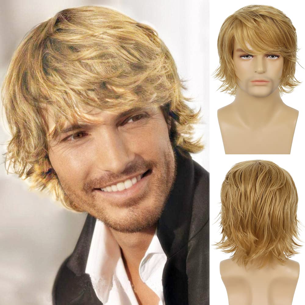 Wiwige Mens Blonde Wig Short Layered Natural Fluffy Wig Synthetic Heat Resistant Halloween Cosplay Hair Wig