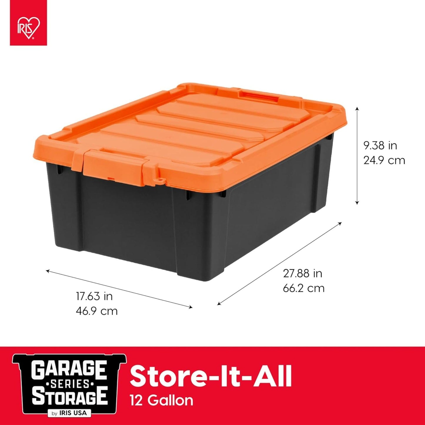 IRIS USA 12 Gallon Lockable Storage Bins with Lids, 2 Pack - Made in USA, Heavy Duty, Stackable Containers, Garage Organizing Bins Moving Tubs, Rugged Sturdy Equipment Utility Box - Black/Orange