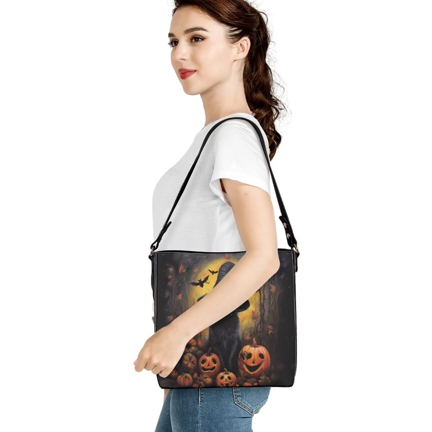 HUGS IDEA Black Cat Halloween Tote Bag for Women Pu Leather Satchel Bags Handbag Crossbody Hobo Purse for Outdoor Travel Holiday Vacation