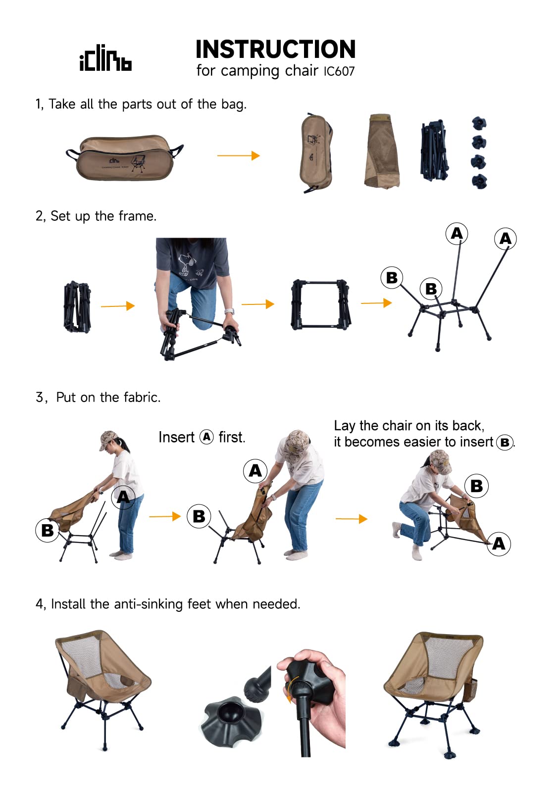 iClimb Ultralight Compact Camping Folding Beach Chair with Anti-Sinking Large Feet and Back Support Webbing (Yellow - Square Frame)
