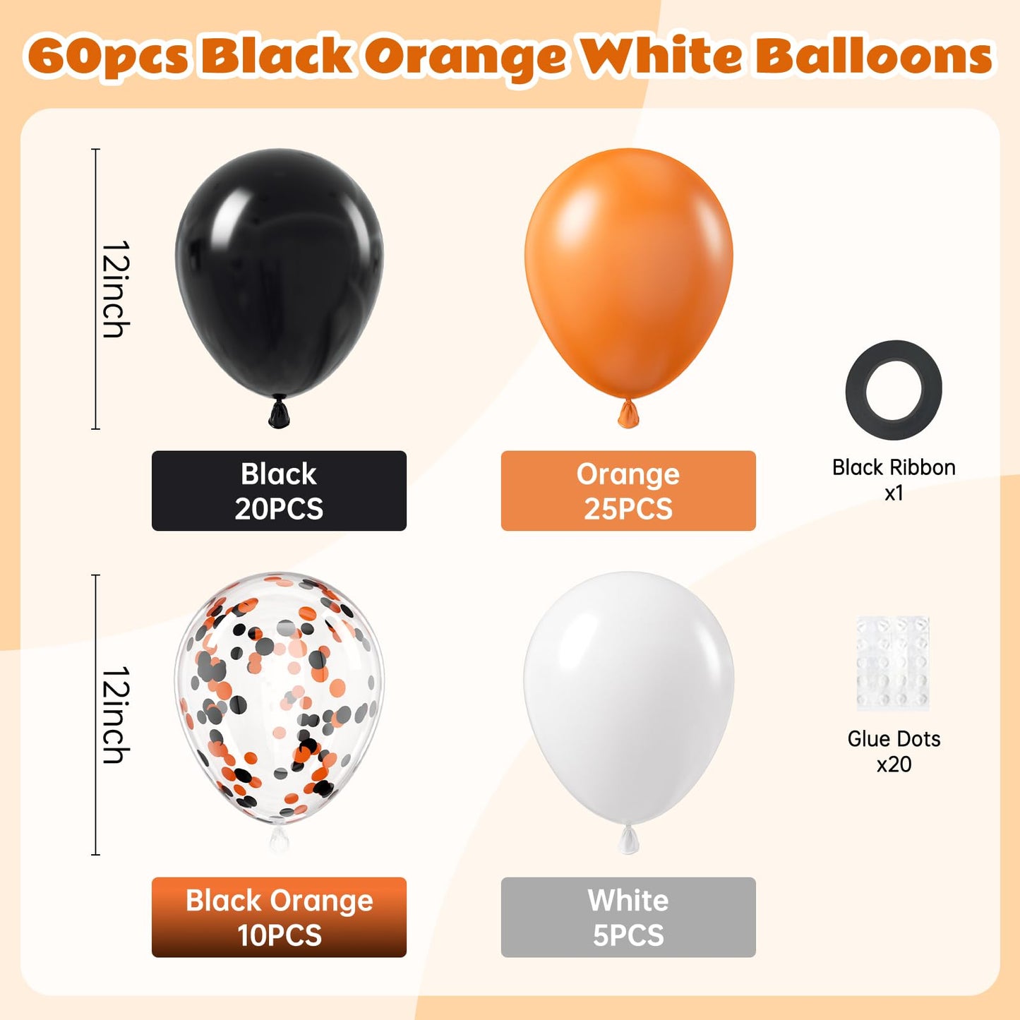 60pcs Orange and Black White Halloween Balloons, 12inch Black Orange White Latex Confetti Balloons for Ghost Halloween Birthday Party Decorations