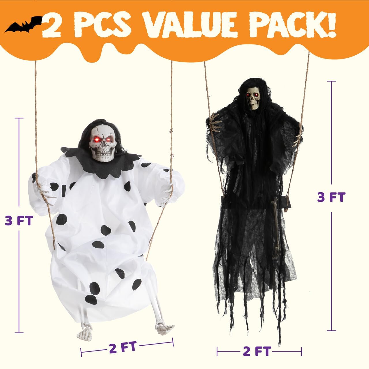 JOYIN Halloween Scary Decorations Outdoor, 2 Packs Halloween Hanging Swinging Ghosts Decor with Lighted Up Eyes, Creepy Swinging Skeleton Flying Props for Yard Patio Lawn Garden