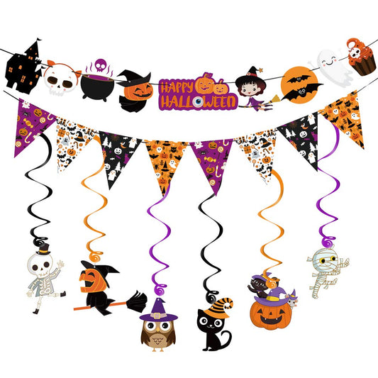2025 Halloween Banner Party Decoration(Pre-Assembled) Cute Halloween Garland Bunting Banner Triangle Flag with Foil Swirl Ceiling Hanging Cards, Pumpkin Ghost Witches Bat Spider Skull Sticker