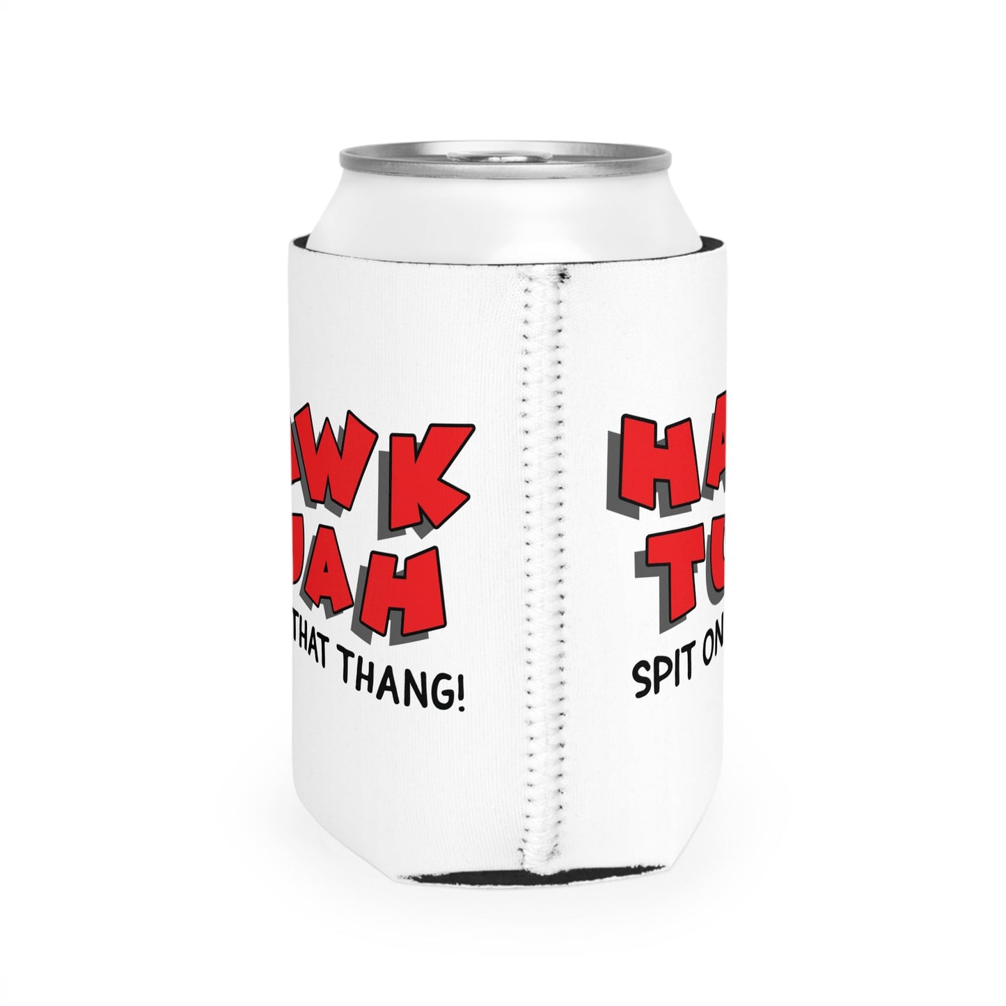 Hawk Tuah Spit on That Thang Funny Can Cooler - White with Red Text | Gag Gift, Christmas Stocking Stuffer, College Party, Halloween Drink Holder