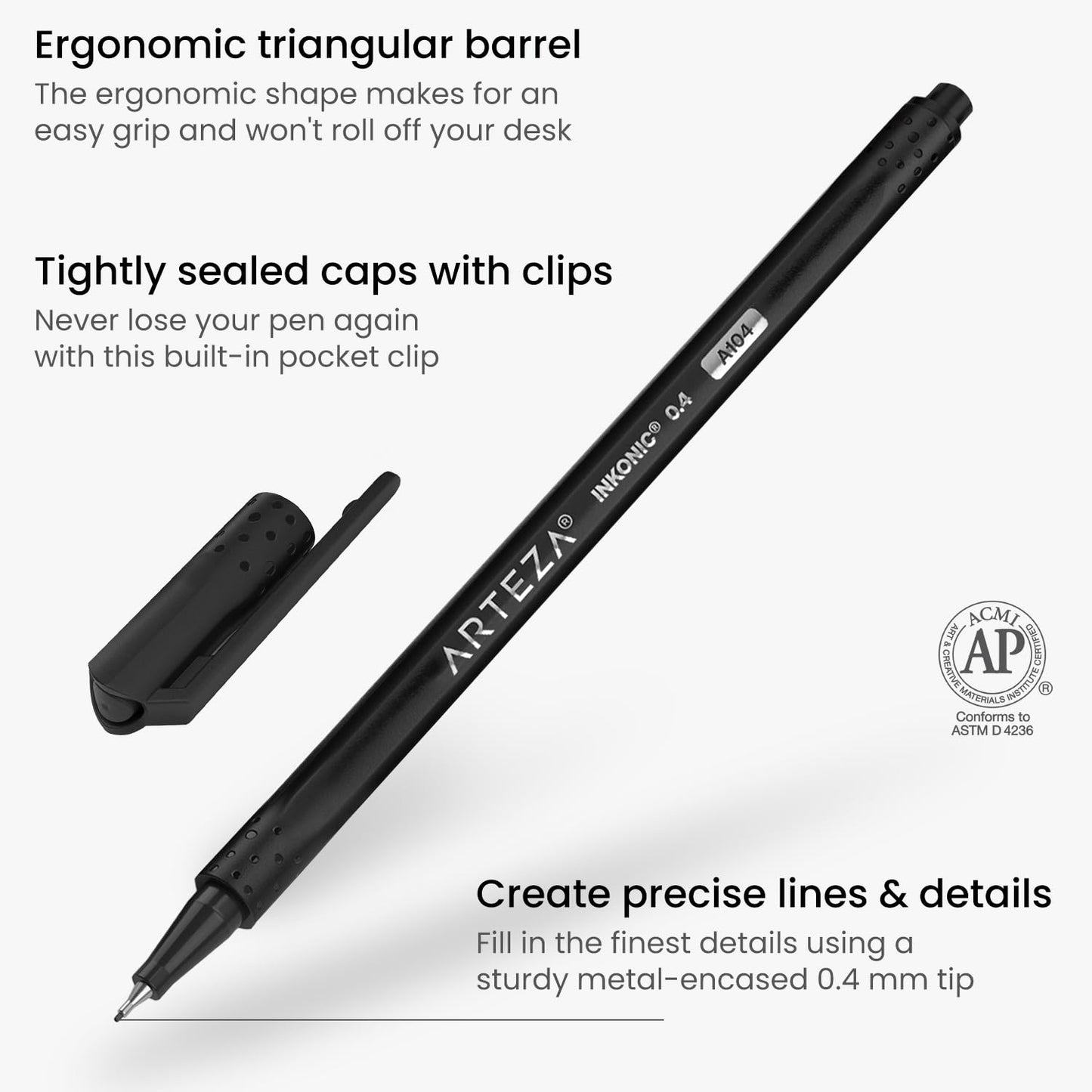 ARTEZA Black Inkonic Fineliners Pens, Set of 12, 0.4 mm Fine Tip Markers, Water-Based Art Pens for Drawing, Sketching, Journaling, Calligraphy