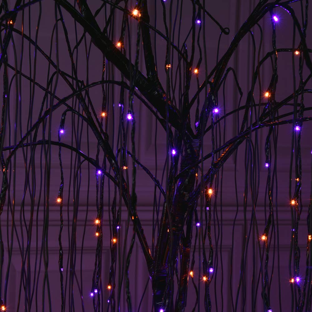 7 FT Halloween Lighted Willow Tree 256 LED Orange and Purple Lights Artificial Weeping Willow Tree with 6 Spiders Outdoor Indoor Decoration Christmas Festival Party Home Decor