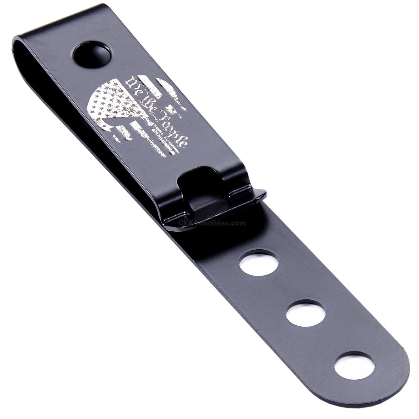 HolsterSmith Universal Metal Belt Clip for Holster Making - (Model 5) - (3-Hole) - (Tactical Black) - (w/Punisher Skull - We The People Engraving) - (1 Pack)