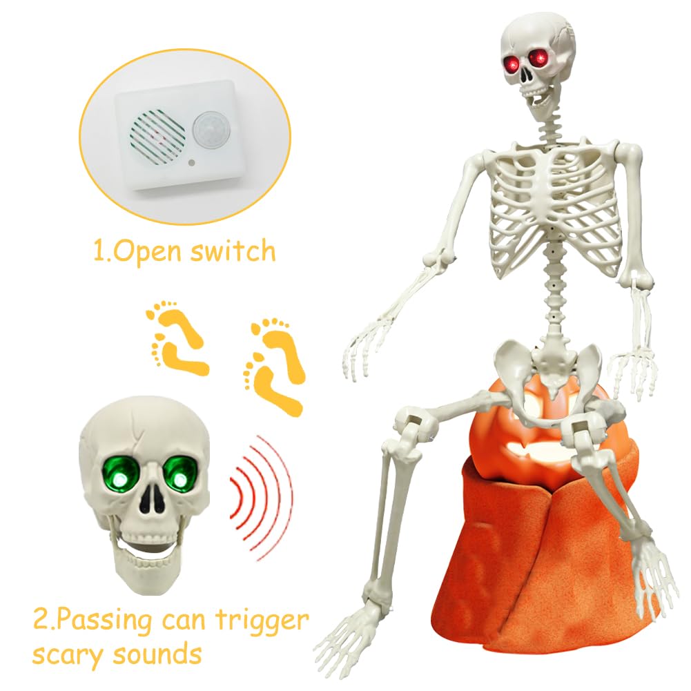 CAMIRUS 5.4FT Full Size Halloween Skeleton, Life Size Posable Skeleton with Glowing Eyes Scary Sound, Plastic Skeleton with Movable Joints for Halloween Decoration