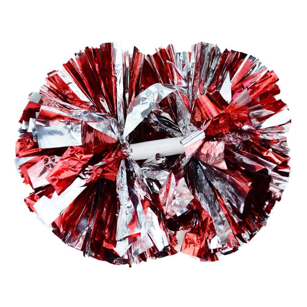 Hooshing 2PCS Pom Poms Cheerleading Red and Silver with Baton Handle for Team Spirit Sports Dance Cheering