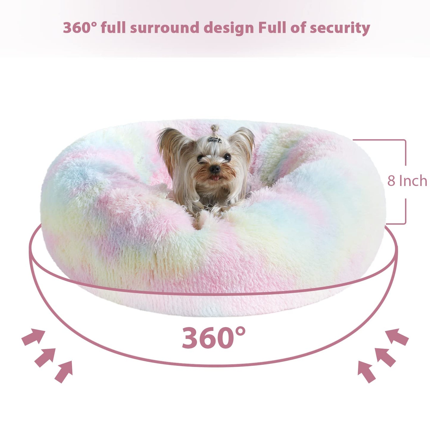 WNPETHOME Calming Dog Bed Cat Bed Donut, Faux Fur Pet Bed Self-Warming Donut Cuddler, Comfortable Round Plush Dog Beds (20 x 20 x 8 Inch, Rainbow)