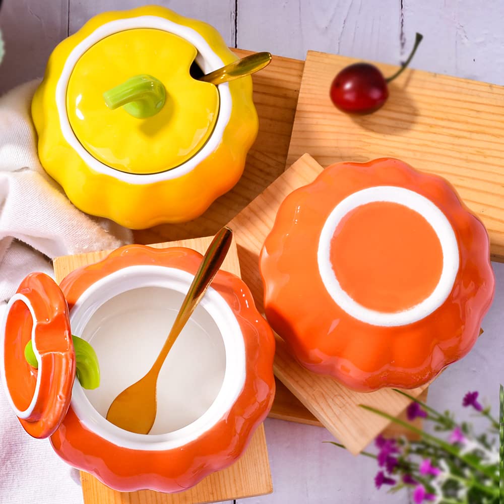Whitenesser Porcelain Sugar Bowls with Lid and Spoons, Pumpkin Shape Ceramic Salt Bowl for Home and Kitchen Elegant Design Orange 10.5 OZ (300 ML)