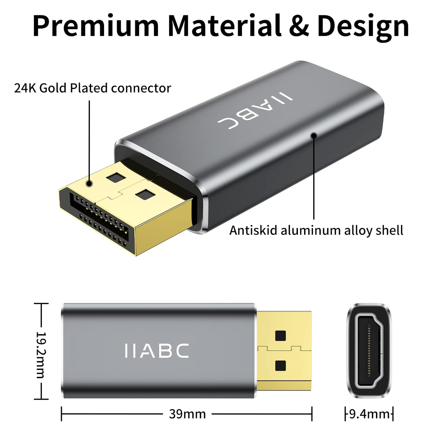 IIABC Displayport to HDMI Adapter 4K 24K Gold Plated Displayport DP to HDMI Female Converter,Uni-Directional Display Port to HDMI Converter Compatible for Lenovo, HP, Dell &More- Grey