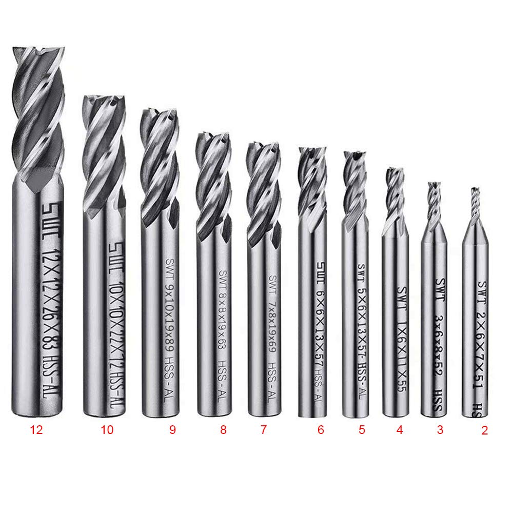 ASNOMY 10pcs 4-Flute End Mill Set, Metric CNC Milling Cutter Drill Bits Router Bits Cutter Tool Set for Wood Aluminum Cast Iron Copper Plastic, Straight Shank 2-12mm