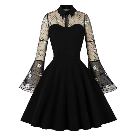 Women Keyhole Contrast Mesh Flare Sleeves Gothic Dress Goth 1950s Vintage Cocktail Dress Polka Dots Embroidery Flower Witch Dress Plus Size Wedding Guest A-Line Party Goth Dress Black-Pink Floral XXL